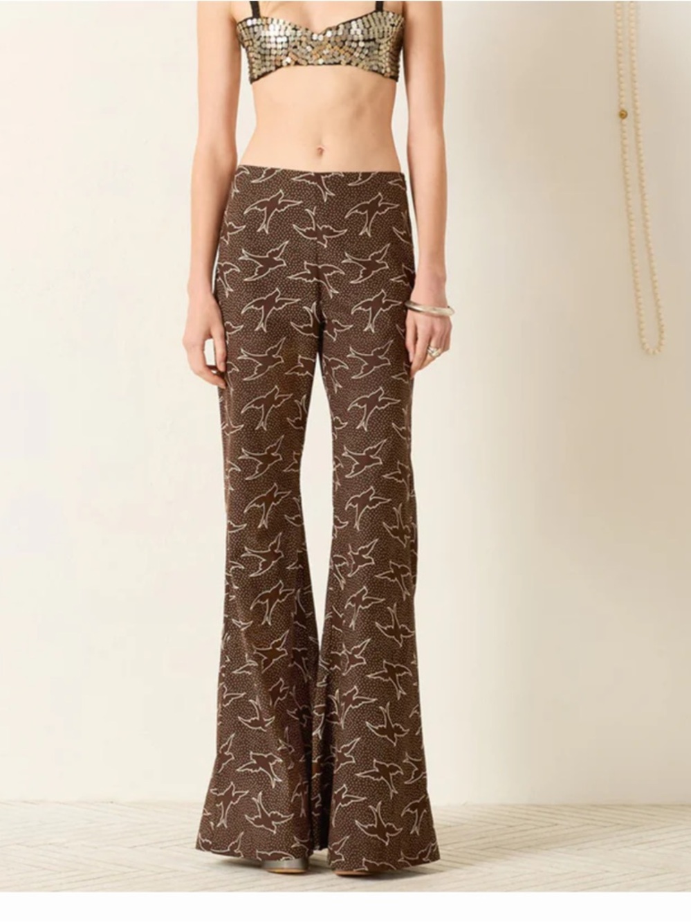Alix Of Bohemia Brown Swallow-Print Flared Pants